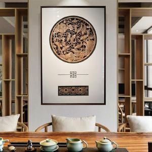 新中式东阳木雕挂画牡丹九鱼国色天香竖版实木框深玄关挂件装饰画