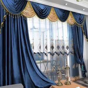 新品奢华意大利绒布窗帘客帘水波帘头宝蓝m色米色绒绣遮光厅刺布