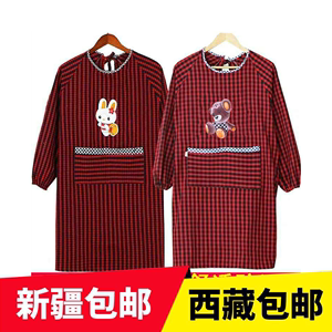 新疆西藏包邮纯棉老粗布围裙长袖厨房韩版时尚防水防油可爱罩衣成