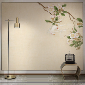 现代新中式花鸟电视背景墙壁纸壁布简约卧室客厅无缝墙布餐厅壁画