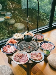 炭火烤肉桌围炉茶桌煮茶壶架老榆木炭火炉煮茶桌日式圆桌围炉碳桌