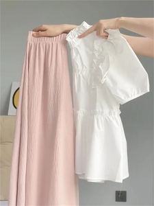 夏装搭配一整套时尚减龄miu系套装奶系泡泡袖衬衫粉色裙裤两件套