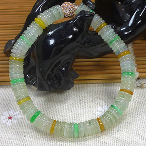 缅甸天然a货翡翠平安扣手串玉石成品-老坑冰种三彩平安扣手链手串