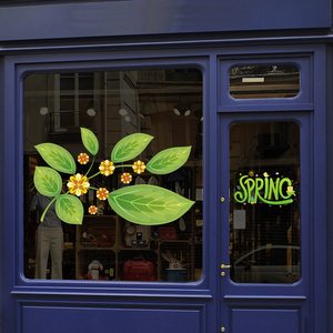 大型尺寸绿叶花朵春天装饰布置装扮玻璃橱窗门贴纸无胶双面静电贴