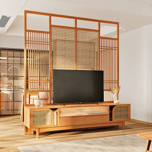 日式客厅背景墙实木电视柜一体北欧电视机柜组合屏风隔断墙樱桃木