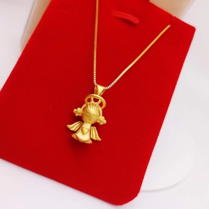 周大福星24k越南沙金999黄金实心磨砂3d天使宝宝吊坠女锁骨链项链