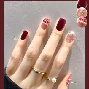 小香风新年美甲贴片成品酒红色毛呢格纹短款纯手工定制穿戴甲指甲