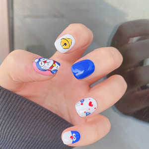 哆啦a梦卡通美甲贴片纯手工定制可爱手绘甲片网红同款短款穿戴甲