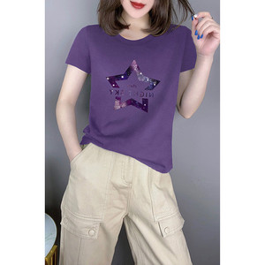 休闲紫色短袖T恤女装春秋装2023年新款小衫打底衫欧洲站欧货上衣