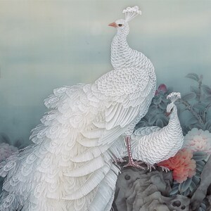 工笔画底稿4尺工笔白孔雀横幅白描打印r稿 实物学习临摹