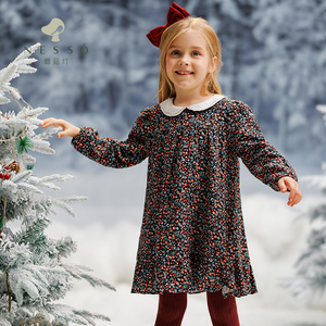 nesso蘑菇灯新款童装女童连衣裙印花荷叶领加厚提花复古a摆连衣裙