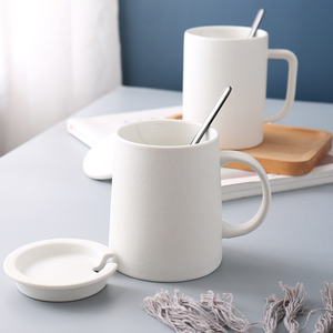 欧式磨砂陶瓷杯子带盖勺粗陶复古风马克杯咖啡杯家用早餐燕麦水杯