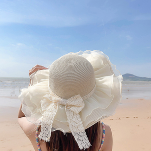 沙滩帽子女夏季时尚百搭出游海边太阳帽可折叠草帽遮阳防晒大帽檐