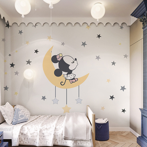 简约卡通米老鼠墙纸儿童房背景墙壁纸男孩女孩米色卧室床头墙布