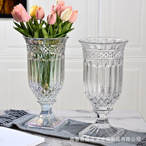 复古浮雕电镀透明玻璃花瓶高脚杯加厚大号水晶水养插花水晶装饰品