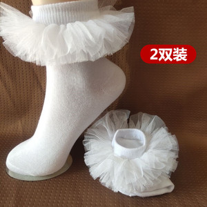 2双装女童白色花边袜子双层考级拉丁舞纯棉舞蹈大花边少儿表演比