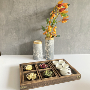 新中式样板间厨房摆件橱柜软装茶几装饰花茶道具木质茶盘茶具组合
