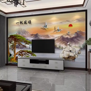 新中式3d立体墙布大气山水电视背景墙墙布客厅墙贴影视墙定制壁画