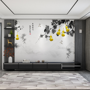 家装水墨山水五福临门背景墙壁画客厅电视墙布手绘葫芦山水墙壁纸