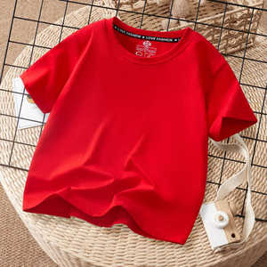 儿童本命年纯棉短袖T恤男童女童装大红色喜庆新年过年服纯色半袖