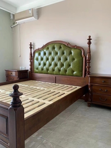 美式轻奢真皮床别墅实木床主卧双人大床高端大气实木家具绿色皮床