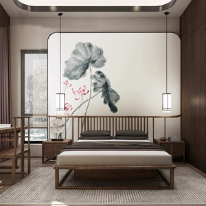 新中式卧室床头壁画水墨荷花现代茶室墙布酒店客厅电视背景墙壁纸