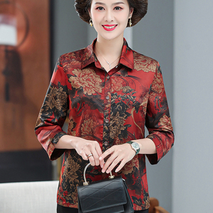 中年妈妈夏装真丝衬衫洋气中老年女士装七分袖桑蚕丝衬衣花色上衣