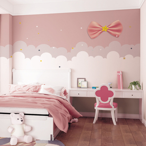 简约现代轻奢风公主房粉色云朵卧室床头背景墙纸儿童房壁纸女孩