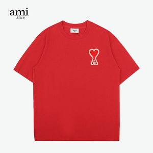 ami alice官方短袖男女情侣t恤大爱心刺绣宽松上衣纯棉红色旗舰店