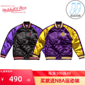 mitchell&ness缎面男士夹克nba湖人公牛勇士队外套男立领棒球服秋