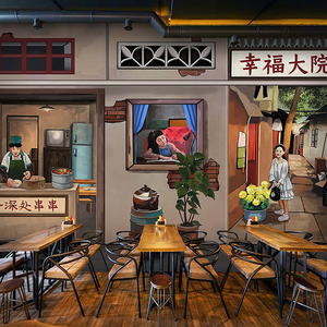 复古怀旧80年代小卖部烧烤墙纸壁画马路边边餐厅火锅饭店壁纸定制