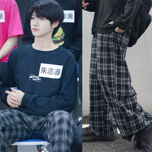 tf家族朱志鑫同款裤子男潮流ins复古格子棉麻阔腿直筒裤休闲运动