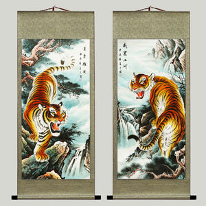 老虎画国画上山虎装饰画客厅风水挂画下山虎挂画卷轴挂新中式装饰