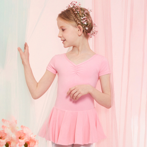 儿童舞蹈服夏季女童短袖练功服女孩跳舞衣服连体裙粉色中国舞服装