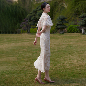 新中式改良白色旗袍绝美鱼尾连衣裙包臀气质女装蕾丝夏季订婚礼服