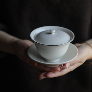 台湾陶艺家林永胜三才定窑白银釉全手工i盖碗陶瓷单个泡茶隔热仿l