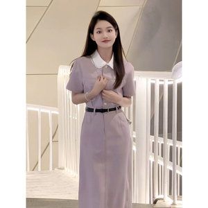 浅紫色百搭娃娃领减龄短袖连衣裙2024新款韩版显瘦小个子纯色裙子
