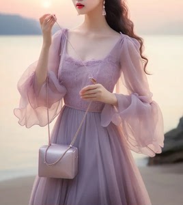法式绝美小个子网红爆款海边氛围感洋派减龄紫色洋装设计感长裙