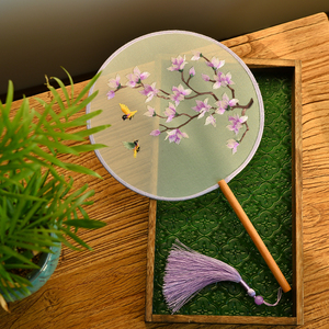 紫色小玉兰古风刺绣团扇复古圆形绣花扇子宫扇汉服旗袍舞蹈走秀