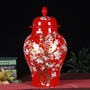 景德镇陶瓷花瓶摆件红色将军罐大号喜上眉梢现代家居玄关装饰品