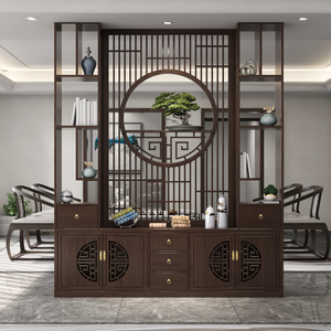 新中式原木屏风隔断柜客厅餐厅遮挡家用入户玄关置物架现代一体柜