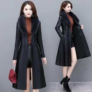 加棉皮衣女冬季2023新款修身保暖黑色夹克中长款带毛领显瘦皮外套