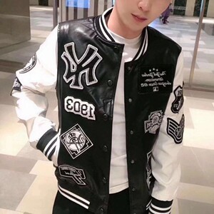 mlbny春秋款拼接男女多标机车宽松棒球服情侣外套刺绣皮衣袄夹克