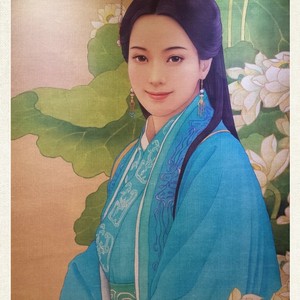 春风笑意图神话电影画像玉漱丽妃画像 复古绢丝挂t轴卷轴画 可来