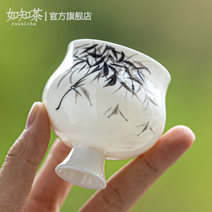 中国白羊脂玉手绘墨竹小满杯陶瓷家用高足茶杯主人杯单杯功夫茶具