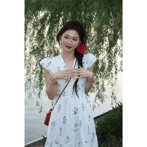【青花瓷】棉布刺绣白色连衣裙