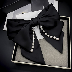 大蝴蝶结头饰发夹后脑勺黑色缎面珍珠新款高端韩版飘带发卡发饰女