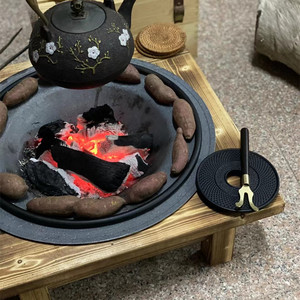 碳火盆取暖炉木炭冬季实木架炭火盆铸铁烤火炉老式烤火盆煮茶烧烤