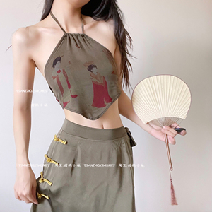 古风挂脖吊带小背心性感汉服睡衣女款夏季真丝香云纱肚兜制服套装