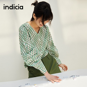 商场同款indicia标记女装条纹衬衫女春新款灯笼袖上衣 3a202sy098